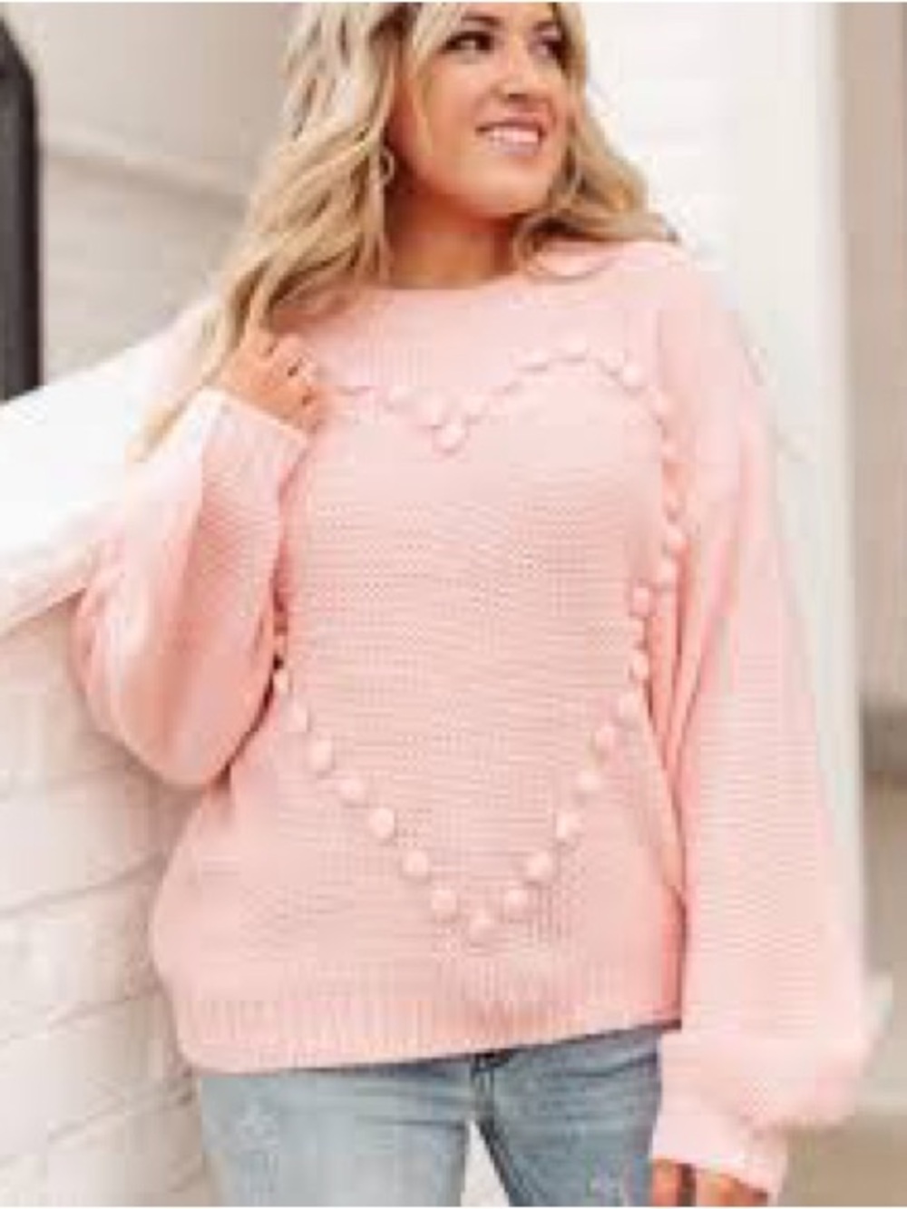 ANDREE BY UNIT Blush Pink Pom-Trim Heart Crew Sweater- NWOT